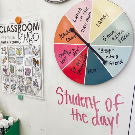 Let’s talk about 🌷SPRING 🌷behavior management! While we utilize our CLASS BINGO board I’ve also pulled OUT ALL THE STOPS with the STUDENT OF THE DAY spinner. I’ll choose one secret student that displays expected behaviors and represents our values! Then they can spin for a prize!!!! • • • #teachersfollowteachers #igteachers #teacher #teachersofinstagram #teachersofig #teacherlife #education #educators #educator #teaching #teachingideas #4thgradeteacher #4thgrade #teacherootd #teachergram ... Secret Student, Teacher Vs Student Classroom Management, Individual Classroom Rewards, Individual Student Rewards, Class Bingo, Classroom Reward Tickets, Non Tangible Rewards For Students, Behavior Bingo, Teacher Ootd