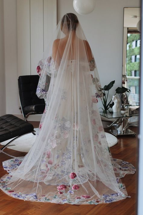 Etsy handmaide ivory veil with matching dress Drop Wedding Veil, Hand Painted Wedding Dress, Painted Wedding Dress, Ivory Veil, Floral Veil, Hot Pink Weddings, Drop Veil, Cathedral Length Veil, Paint Drop