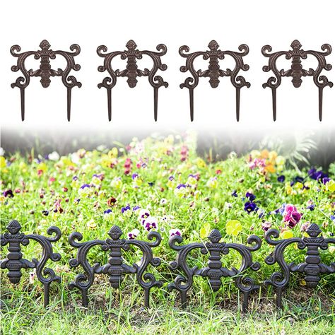 PRICES MAY VARY. Material: The decorative garden fence made of heavy duty cast iron material, painted in antique brown color, finished with anti-rust coating. Set of 4 durable cast iron construction creates a sturdy fence border in your garden and lawn. The 3.5 inch long legs insert into soil easily. Perfect little fence to go around bird feeder, flower beds, trees, garden, yard, walkway, it’s small, simple, sturdy and effective, the classic design fits any decor. Scrollwork and fleur de lis des Low Garden Fence, Small Picket Fence, Edging For Landscaping, Small Garden Fence, Privacy Landscaping Backyard, Outdoor Yard Decor, Flower Bed Edging, Decorative Garden Fencing, Gothic Garden