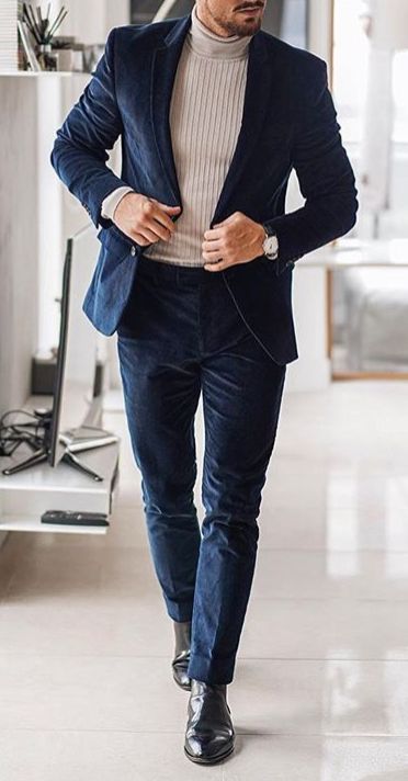 Navy Blue Suit With Turtleneck Men, Men In Turtlenecks And Suits, Turtle Neck And Blazer Men, Men’s Turtleneck And Blazer, Christmas Party Suits For Men, Blue Suit Turtleneck, Work Christmas Party Outfit Men, Mens Christmas Party Outfit Classy, Suit With Turtleneck Men