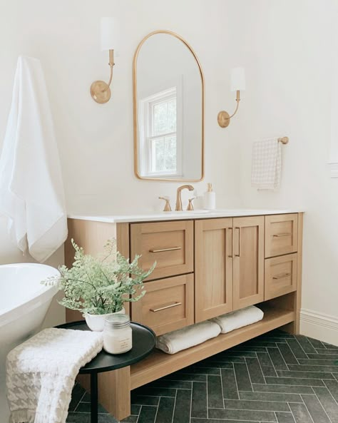 Vanity design with storage below… Vanity With Shelf Underneath, Vanity With Bottom Shelf, Shallow Vanity, Bathroom Vanity With Bottom Shelf, Vanity With Open Bottom Shelf, Oak Vanity Bathroom, Guest Bathroom Design, New House Bathroom, Timeless Bathroom