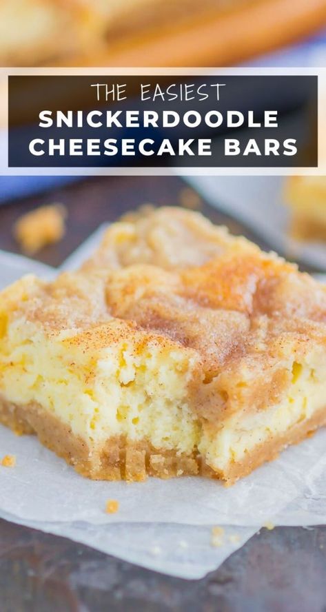 Snickerdoodle Cheesecake Bars, Snickerdoodle Desserts, Sugar Cookie Cheesecake, Snickerdoodle Cheesecake, Snickerdoodle Bars, Cheesecake Bar, Caramel Apple Cheesecake Bars, Sugar Cookie Crust, Snickerdoodle Recipe