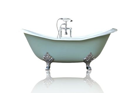 Green Blue 6’ Antique Inspired Cast Iron Double Slipper Clawfoot Bathtub Package Original Porcelain Chrome Accents Blue Clawfoot Tub, Barndominium Pictures, Antique Bathtub, Claw Tubs, Slipper Bathtub, Shower Conversion, Claw Foot Bath, Copper Bathtubs, White Tub