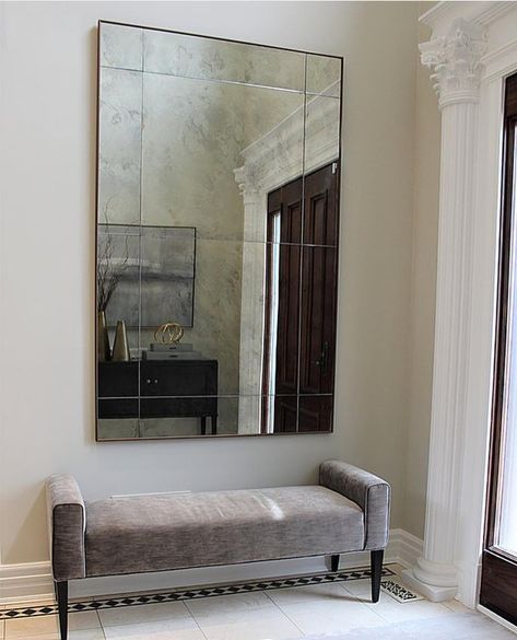 Bespoke mirror and bench in the front foyer from our Woodbridge project. Clean, simple and timeless design that’s never overly done.… Entryway Bench With Mirror, Bench With Mirror, Mirror And Bench, Foyer Mirror, Entrance Mirror, Front Foyer, Hallway Designs, Living Room Decor Inspiration, Foyer Decorating