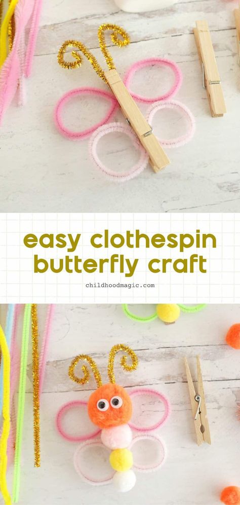 Clothespin Butterfly Craft Idea - Childhood Magic Close Pin Butterfly Craft, Clothespin Butterfly, Handprint Butterfly, Craft For Preschool, Bug Activities, Butterfly Clothes, Clothespin Crafts, Butterfly Craft, Paper Bag Crafts