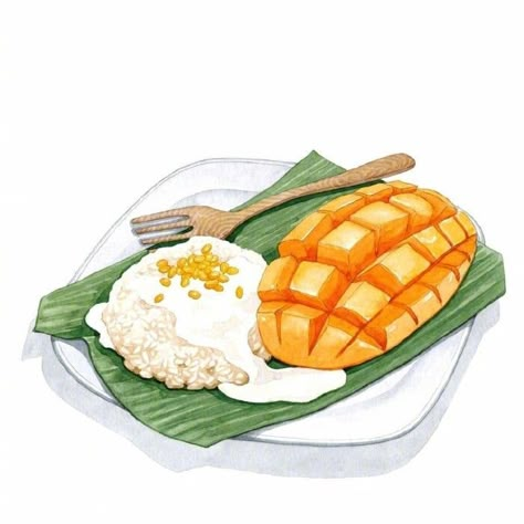 Doodle Art Ideas, Sticky Rice With Mango, Rice With Mango, Coconut Sticky Rice, Food Art Painting, Recipe Drawing, Mango Sticky Rice, Thailand Art, Thailand Food