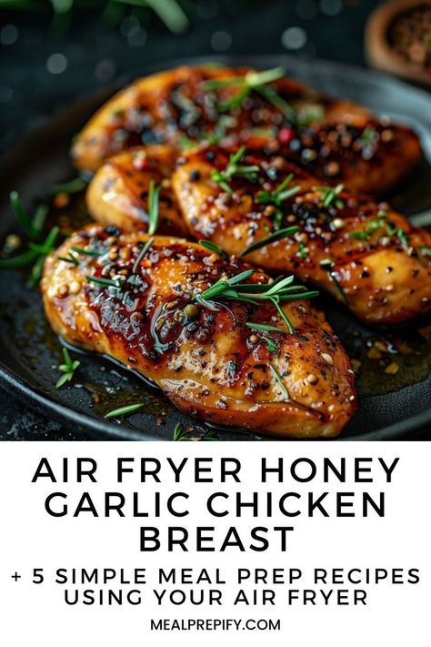 Air fryer honey garlic chicken breast served on a plate, part of a collection of meal prep recipes using your air fryer. Air Fryer Honey Garlic Chicken, Honey Chicken Breast, Air Fryer Meal Prep, Honey Garlic Chicken Breast, Juicy Chicken Breast Recipes, Chicken Air Fryer Recipes, Fried Chicken Breast Recipe, Garlic Chicken Breast Recipes, Air Fryer Recipes Chicken Breast