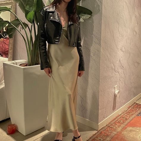 Prom Dress With Leather Jacket, Satin Dress With Stockings Outfit, Midi Dress Leather Jacket Outfit, Satin Dress Outfit With Jacket, Silk Dress And Leather Jacket, Satin Dress With Leather Jacket, Long Dress And Jacket Outfit, Slip Dress Leather Jacket Outfit, Silk Dress Leather Jacket