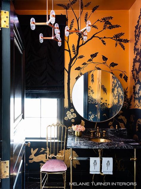 Orange and Black Powder Room with Painted Wall Mural - Contemporary - Bathroom Chic Powder Room, Melanie Turner Interiors, Veranda Magazine, Bathroom Paint Colors, Atlanta Homes, Bad Design, Black And Orange, Painting Bathroom, Beautiful Bathrooms