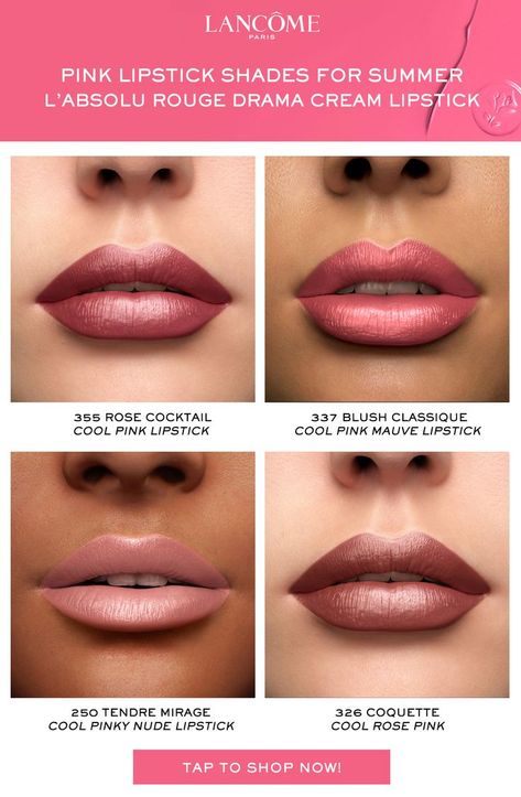 Pink lipstick shades for the summer Bridal Lipstick, Pink Lipstick Shades, Wedding Lipstick, Summer Lipstick, National Lipstick Day, Sultry Makeup, Lip Color Lipstick, Lip Looks, Lancome Makeup