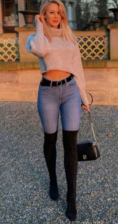 Thigh High Boots Outfit Fall Jeans, High Knee Boots Outfit Jeans, Knee High Black Boots Outfit Winter, Outfit With High Knee Boots, Mesh Boots Outfit, Thigh High Boots With Jeans, Long Boots With Jeans, Knee Boots 2022, Thigh High Boots And Jeans