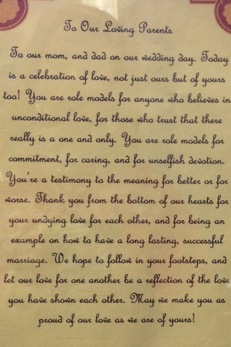 A dedication to parents on wedding day Speech To Parents On Wedding Day, Wedding Speech For Parents, Letter To Parents On Wedding Day, Vow Ideas, Eucalyptus Wedding Decor, 50th Year Wedding Anniversary, Bride Speech, Wedding Parties Pictures, Wedding Anniversary Cakes