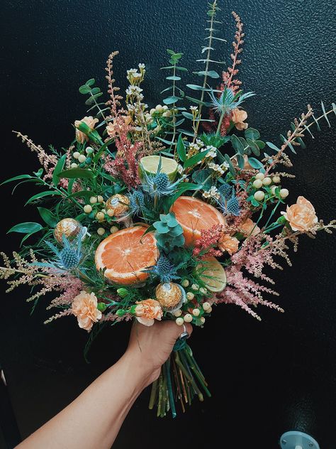 Colorful Dried Flowers Wedding, Funky Flower Bouquet, Earthy Flower Arrangements, Unique Wedding Bouquets No Flowers, Unique Bouquet Ideas No Flowers, Fairy Flower Arrangements, Unique Flowers Bouquet, 70s Wedding Flowers, Retro Wedding Bouquet