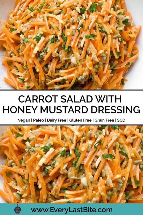 This Carrot Salad with Honey Mustard Dressing is fresh, full of flavour and easy to throw together in just a few minutes. Shredded carrots are tossed in a creamy honey mustard dressing and topped with crunchy sunflower seeds, shallots and parsley. Creamy Honey Mustard Dressing, Salad With Honey Mustard Dressing, Creamy Honey Mustard, Creamy Honey, Carrot Salad Recipes, Shredded Carrots, Honey Mustard Dressing, Carrot Salad, Mustard Dressing