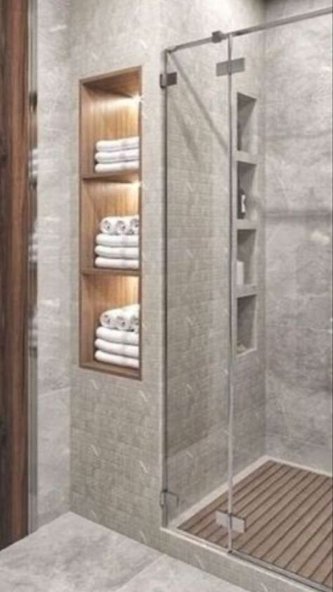 Towel niche for master ensuite to create spa like feel Spa Ensuite Master Bath, Towel Niche In Wall, Towel Niche In Bathroom, Spa Like Ensuite, Niche Wall Bathroom, Bathroom Towel Niche, Wood Niche Bathroom, Niches Design Wall Bathroom, Shower Ensuite Ideas