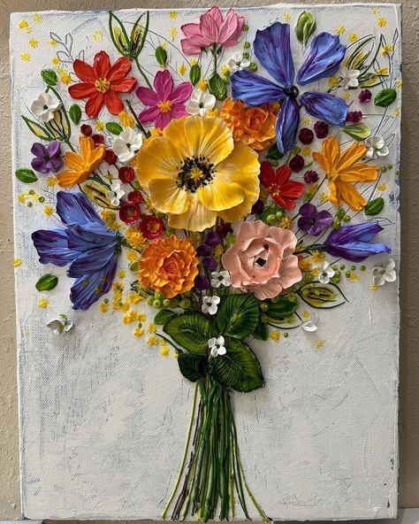 Flower painting - yummy painting - thick paint Thick Paint Flowers, Nature Inspired Painting, Flower Bouquet Painting, Painting Hobby, Acrylic Flower Painting, Flower Gallery, Thick Paint, Art Painting Tools, Mobile Display