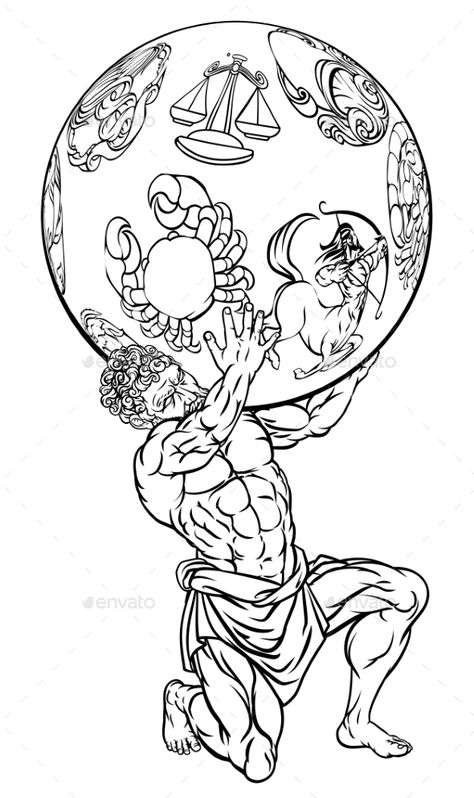 Atlas the titan from Greek mythology holding up the sky represented by star zodiac signs Atlas Holding The Sky Tattoo, Hercules Holding Earth Tattoo, Atlas Tattoo Ideas, Greek Titan Tattoo, Greek God Drawings, Greek Mythology Art Tattoos, Greek Art Drawing, Greece Tattoo Mythology, Atlas Mythology