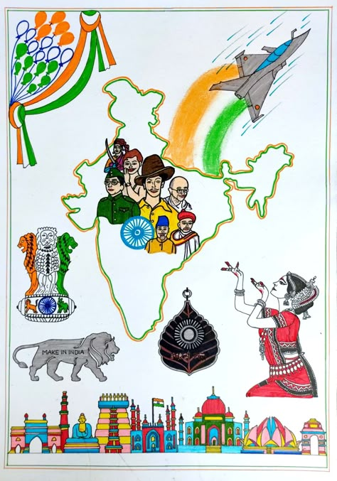 In this I have drawn India map, freedom fighters, Incredible India, our culture, Bharat Ratna award,MAKE IN INDIA logo, our national emblem and Rafale fighter jet.  I put the video of this drawing in my YouTube channel so click the below link to watch the video of this drawing https://youtu.be/g8gFFgJ9l3I Poster On Freedom Fighters, Freedom Fighters Of India Drawing Easy, Mera Bharat Mahan Drawing, My Vision For India In 2047 Drawing, National Symbols Of India Drawing, Incredible India Posters Art, Make In India Poster Drawing, Freedom Fighters Painting, Ek Bharat Shreshtha Bharat Posters