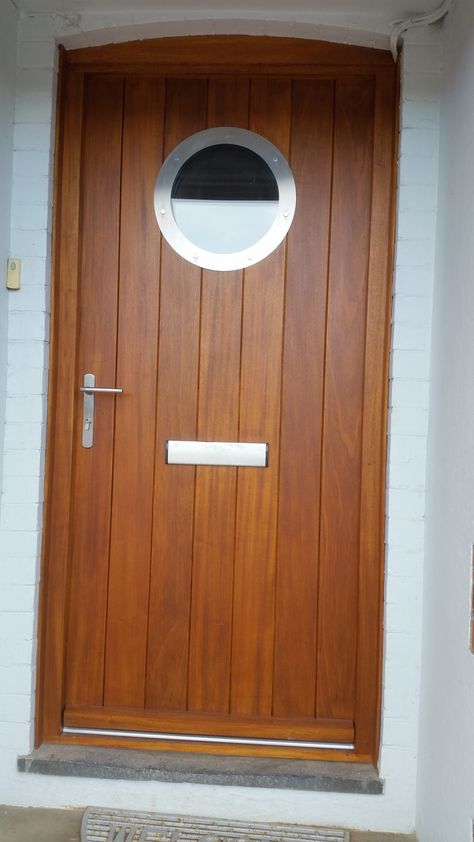 Hardwood Door & Frame with Stainless Steel Porthole Door With Porthole Window, Porthole Door, Bungalow Front Door, Coworking Furniture, Pioneer Kitchen, Cottage Style Doors, Timber Front Door, Window Remodel, Plank Door