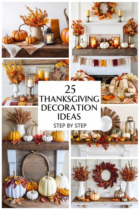 Transform your home for Thanksgiving with these 25 easy decorating ideas. Perfect for all styles, from rustic to chic, these tips will help you create a welcoming holiday atmosphere. Decorate with warmth and charm this season. #ThanksgivingDecor #EasyDecorIdeas Thanksgiving And Christmas Decor, Thanksgiving Decorating Ideas, Driftwood Centerpiece, Leaf Projects, Handmade Napkins, Thanksgiving Decorating, Pumpkin Display, Diy Leaves, Rustic Candle Holders