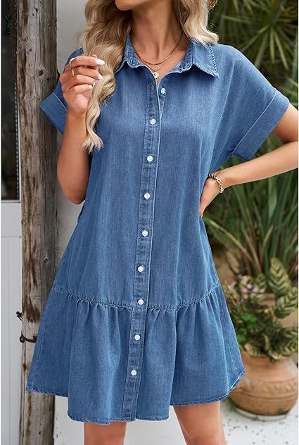 Dresses // Show off your gorgeous style wearing this short sleeves button down belted denim dress. Belted Denim Dress, Western Dresses For Women, Dresses Western, Western Casual, Blue Jean Dress, Dresses Flowy, Elegant Prom Dresses, Jean Dress, Belted Shorts