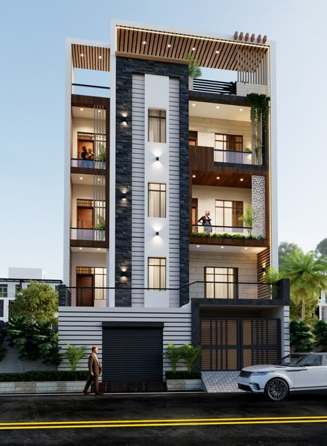 5 Floors Building Elevation Modern, Buildings Elevation, Balcony Elevation, Apartment Building Plans, Apartment Elevation, House Elevation Designs, Indian House Exterior, Balcony House, Front Building Design