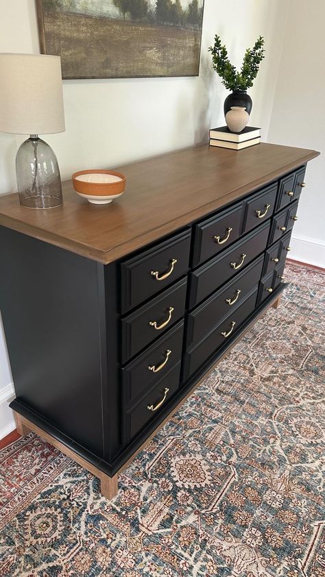 Redo Dresser Ideas Black, Black Refurbished Dresser, Redo Dresser Ideas, Leo Nursery, Black Dresser Diy, Bedroom With Black Furniture, Dresser Makeover Ideas, Refinished Dresser Diy, Shower Curtain And Liner