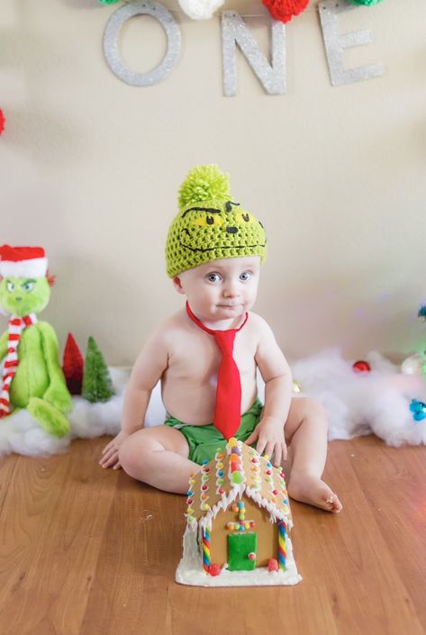 Grinch 1st Birthday Photoshoot, Grinch Cake Smash, Grinch Smash Cake, Grinch Gingerbread House, Grinch First Birthday Party, Grinch Birthday, Grinch Cake, First Birthday Winter, Cake Smash Pictures