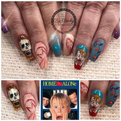 Home alone nail art, created by the talented becky Hunter at the beauty garden! Christmas nails, acrylic nails! @nailart101 @moviepilot @nailsmagazine Home Alone Nails, Hair Boutique, Semi Permanent Makeup, Blush Nails, Garden Christmas, Christmas Nails Acrylic, Professional Skin Care Products, Womens Nails, Modern Hairstyles