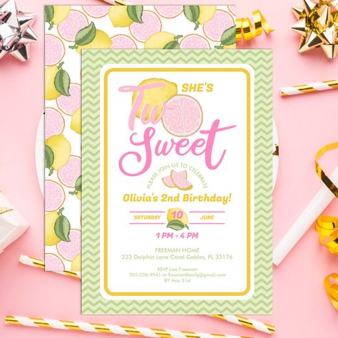 Lemonade Party Theme, Lemon Lemonade, Lemonade Party, Pink Lemonade, 2nd Birthday Parties, Lemonade, Birthday Party Invitations, 2nd Birthday, Birthday Party Themes