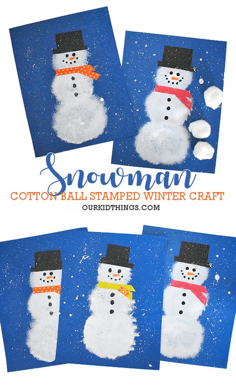 Cotton Ball Stamped Snowman Craft Cotton Wool Snowman, Snowman Art Kindergarten, Snowman Craft Toddler, Cotton Ball Painting For Kids, Cotton Ball Snowman Craft, Snowman Arts And Crafts For Kids, Cottonball Snowman Craft Kids, Snowman Art For Toddlers, Cotton Ball Christmas Crafts