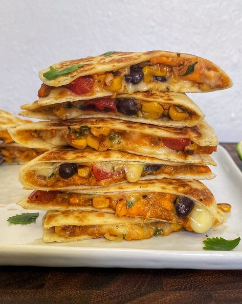 Sweet Potato Quesadillas Potato Quesadilla, Corn And Black Bean Salsa, Sweet Potato Quesadilla, Corn And Black Bean, Sweet Potato And Black Bean, Food Vibes, Black Bean Salsa, Bean Salsa, Corn Salsa