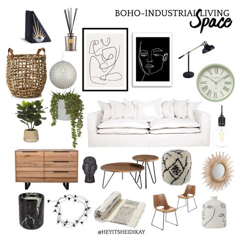 Boho-Industrial Living Room Industrial Wall Art Living Room, Interior Design Boho Style, Industrial Style Decor Living Rooms, Urban Industrial Decor Living Room, Cozy Living Rooms Industrial, Industrial Design Salon, Living Room Design Industrial, Boho And Industrial Decor, Boho Industrial Salon Decor