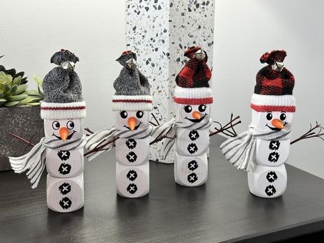 Dollar Tree Crafts & DIY with Instructions! + Freebies! 🥳 | Dollar tree wooden dice painted and glued together | Facebook Dice Snowman, Dollar Tree Crafts Diy, Snowman Crafts Diy, Wooden Dice, Wood Slice Crafts, Toddler Socks, 2024 Christmas, Snowman Crafts, Tree Crafts