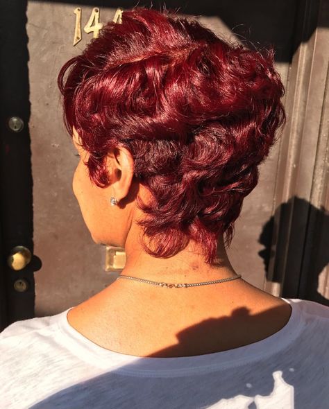 Follow @Aleahxoxo  for more Burgundy Hair On Short Hair, Short Red Hair For Black Women, Red Color Hair Black Women, Red Fingerwaves For Black Women, Burgundy Pixie Haircut Black Women, Red Haircut Black Women, Short Ruby Red Hair, Red Short Hairstyles, Burgundy Finger Waves Black Women