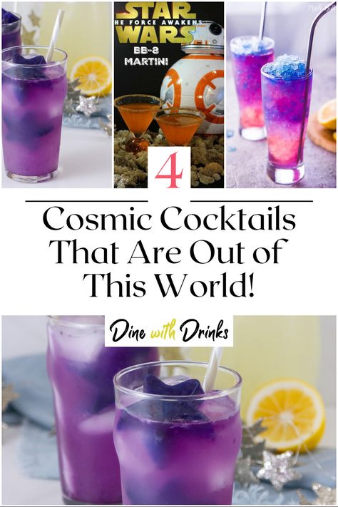 Collage of 4 cosmic cocktails. Celestial Wedding Cocktails, Galaxy Themed Cocktails, Alien Themed Cocktails, Cosmic Party Decoration, Moon Themed Cocktails, Space Theme Cocktails, Disco Drinks Party Ideas, Adult Space Theme Party, Space Themed Foods