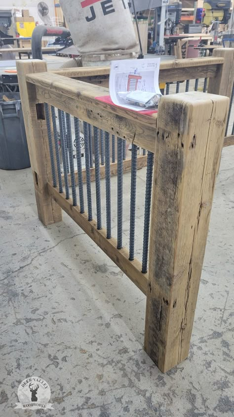 Reclaimed Railing, Barnwood Stair Railing Section With Re-bar Balusters, Custom Salvaged Wood Railing With Balusters and Newel Posts - Etsy Craftsman Railings For Stairs, Staircase Railing Design Wooden, Wood Banisters And Railings, Farmhouse Porch Railing, Rebar Railing, Cowboy Cottage, Banister Ideas, Farmhouse Stairs, Loft Railing