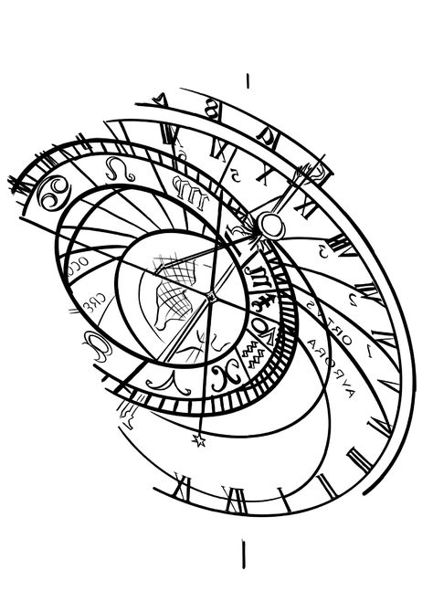 Prague Clock Tattoo, Prague Astronomical Clock Tattoo, Greek Clock Tattoo, Greek Compass Tattoo, Astronomical Clock Tattoo, Astrolabe Tattoo, Sun Dial Tattoo, Prague Clock, Geometric Compass