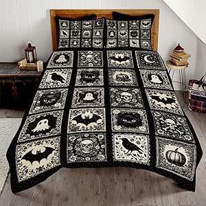 Halloween Gothic style Quilt, Ghost Throw Pattern Quilt Set, Autumn Bedding Queen Twin Full Throw, Vintage Quilts Queen Size Autumn Bedding Soft Lightweight Fall Bedspread , Halloween Decor (Black) Styling Quilt Bedding, Halloween Panel Quilts, Spider Web Blanket, Gothic Quilt, Goth Bedding, Autumn Bedding, Gray Quilts, Autumn Bedroom Decor, Witch Quilt