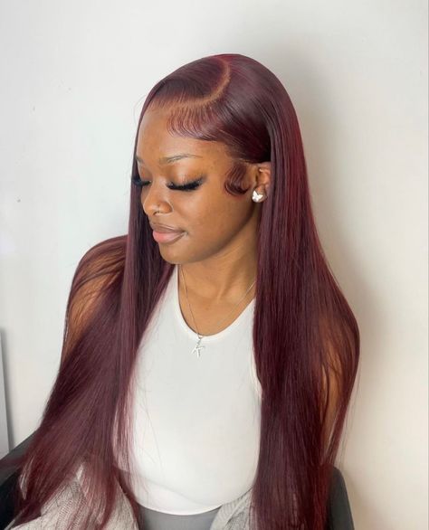 Burgundy Hair Dark Skin, Red Hair On Dark Skin, Dark Burgundy Hair, Red Hair Inspo, Dark Red Hair, Frontal Wig Hairstyles, Birthday Hairstyles, Frontal Hairstyles, Burgundy Hair