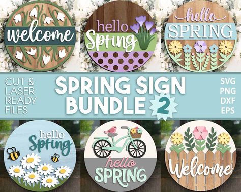 Flower Welcome Sign, Sell Embroidery, Hello Spring Sign, Summertime Crafts, Door Hanger Svg, Round Door Hanger, Round Wood Sign, Easter Signs, Round Door