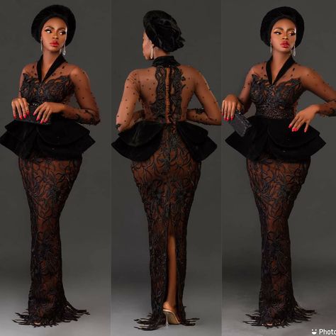 Peplum Lace Styles, Black Asoebi Styles, Peplum Asoebi Lace Styles, Black Asoebi, Ghana Outfits, Asoebi Styles Lace, High Tea Outfit, Wedding Asoebi, Asoebi Lace Styles