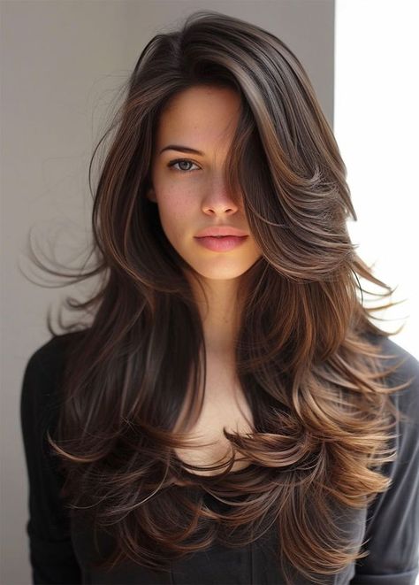 side part layered butterfly haircut, butterfly haircuts Brown Hair Color With Blonde Highlights, Side Part Haircut, Rambut Brunette, Hairstyles For Layered Hair, 카드 디자인, Long Layered Hair, Spring Hairstyles, Haircuts For Long Hair, Side Part