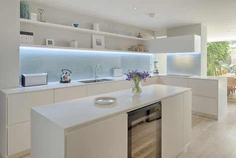 INTERIOR-iD Project 00283 | Bespoke Joinery, London UK Corian Worktop, Voxtorp Ikea, Brick Backsplash Kitchen, Kitchen Splash Back, White Worktop, Kitchen Refresh, Kitchen Splashback, Glass Splashback, Kitchen Extension