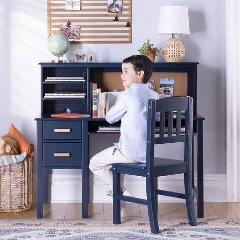 Guidecraft Taiga Desk, Hutch and Chair - Navy: Children’s Wooden Study Computer Workstation, Kids Bedroom Furniture Desk And Hutch, Study Computer, Study Table And Chair, Kids Study Table, Chair Desk, Wooden Bedroom, Computer Workstation, Bedroom Table, Desk Hutch