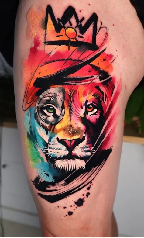 Tattoos Galaxy, Lion Tattoos For Men, Colorful Lion Tattoo, Tattoos Space, Men Watercolor, Tattoos Pulseras, Tattoos Fish, Galaxy Tattoos, Tattoos Owl