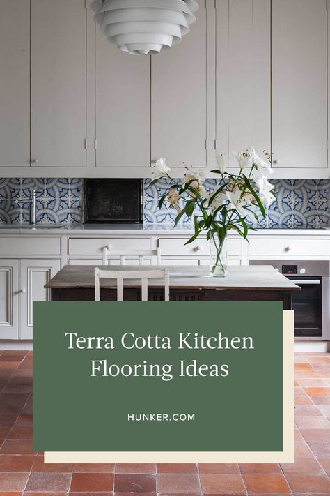 White Kitchen Cabinets Terra Cotta Floor, Kitchen Floor Terracotta, Kitchen With Terra Cotta Tile Floor Mediterranean, Kitchens With Terra Cotta Tile Floors, Kitchens With Terracotta Floor Tiles, Terra Cotta Kitchen Tile, Terra Cotta Tiles Kitchen, Terra Cotta Tile And Wood Floor Transition, Terra Cotta Floors Kitchen