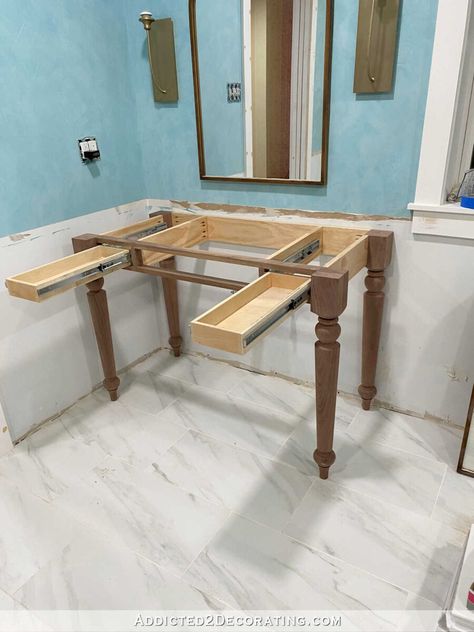 Diy Vanity With Drawers, Diy Vanity Table How To Build, Diy Sink Vanity, Diy Bathroom Vanity Plans, Bathroom Vanity With Drawers, Table Bathroom Vanity, Diy Vanity Table, Narrow Bathroom Vanities, Vanity With Drawers