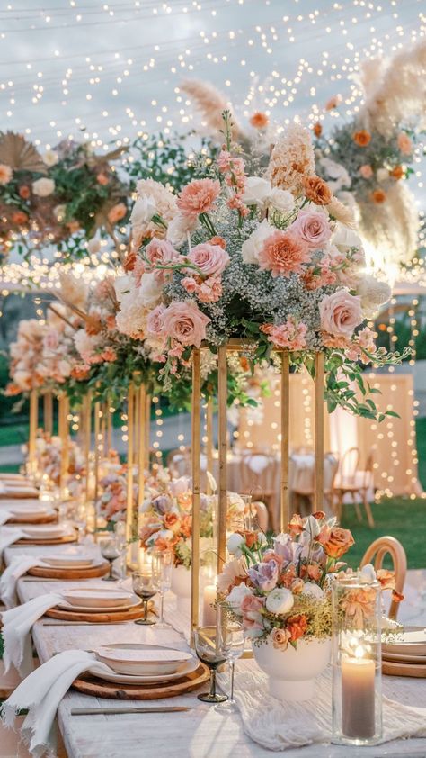 Pink And White Flowers Wedding Decor, Floral Wedding Ideas Decor, Wedding Theme Pink And Gold, Pink Floral Wedding Centerpieces, Wedding Flower Schemes, Indoor Floral Wedding Decor, Centerpieces Wedding Lights, Gold Flower Stands Wedding, Flower Stand Centerpiece Wedding