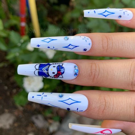 @sweetheartsagenails on IG #hellokitty #sanriocharacters #dodgers #hellokittynails Dodgers Nails, Dodger Nails, Baseball Nails, Kitty Nails, Hello Kitty Nails, Dodgers Baseball, Nail Color, Sanrio Characters, Nail Tech